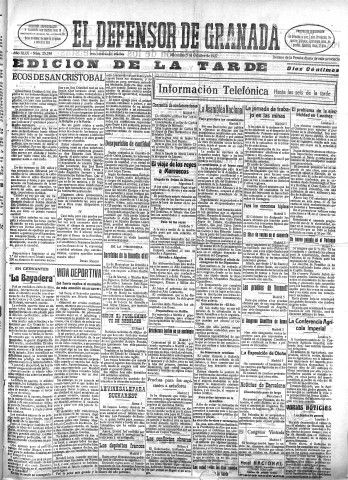 'El Defensor de Granada  : diario político independiente' - Año XLIX Número 25245 Ed. Tarde - 1927 Octubre 05