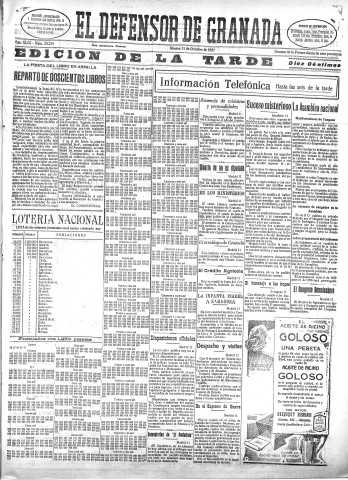 'El Defensor de Granada  : diario político independiente' - Año XLIX Número 25255 Ed. Tarde - 1927 Octubre 11