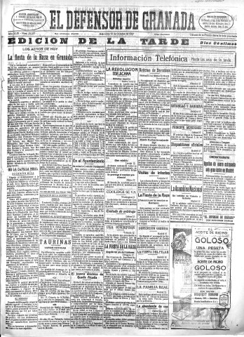 'El Defensor de Granada  : diario político independiente' - Año XLIX Número 25257 Ed. Tarde - 1927 Octubre 12