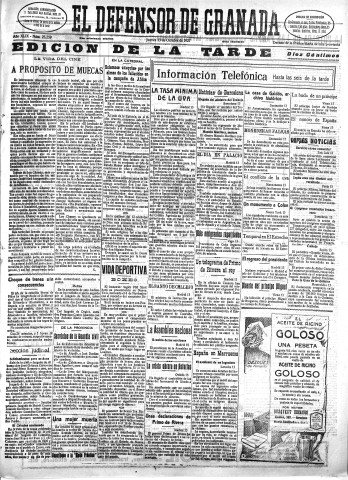 'El Defensor de Granada  : diario político independiente' - Año XLIX Número 25259 Ed. Tarde - 1927 Octubre 13