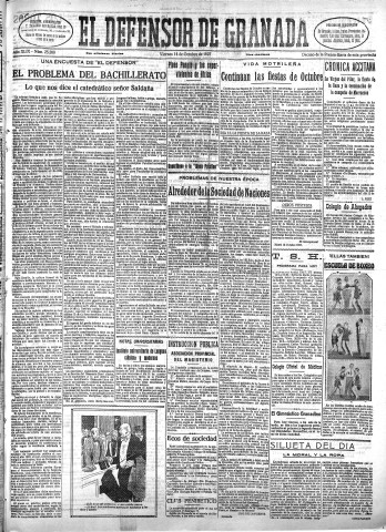 'El Defensor de Granada  : diario político independiente' - Año XLIX Número 25260 Ed. Mañana - 1927 Octubre 14