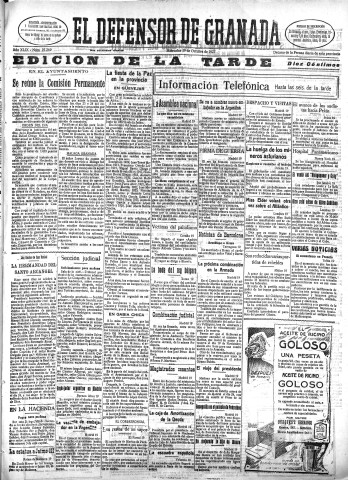 'El Defensor de Granada  : diario político independiente' - Año XLIX Número 25269 Ed. Tarde - 1927 Octubre 19