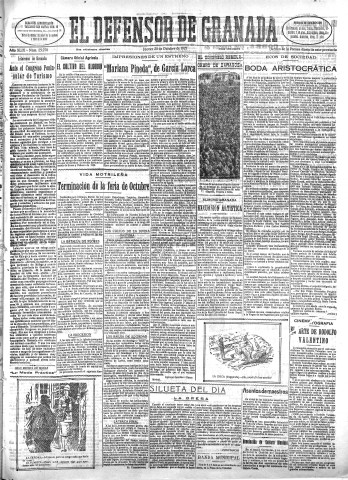 'El Defensor de Granada  : diario político independiente' - Año XLIX Número 25270 Ed. Mañana - 1927 Octubre 20