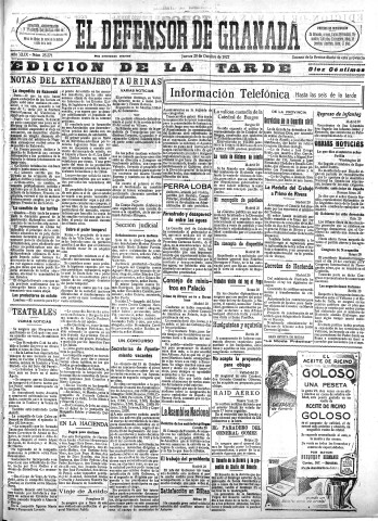 'El Defensor de Granada  : diario político independiente' - Año XLIX Número 25271 Ed. Tarde - 1927 Octubre 20