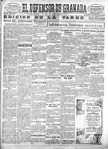 'El Defensor de Granada  : diario político independiente' - Año XLIX Número 25275 Ed. Tarde - 1927 Octubre 22