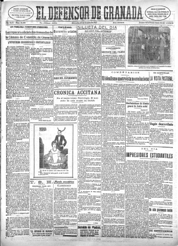 'El Defensor de Granada  : diario político independiente' - Año XLIX Número 25280 Ed. Mañana - 1927 Octubre 26