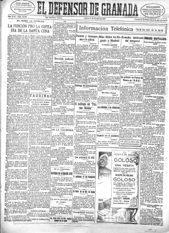 'El Defensor de Granada  : diario político independiente' - Año XLIX Número 25283 Ed. Tarde - 1927 Octubre 27
