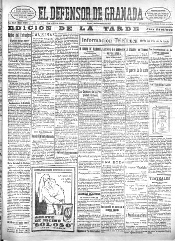 'El Defensor de Granada  : diario político independiente' - Año XLIX Número 25291 Ed. Tarde - 1927 Noviembre 01