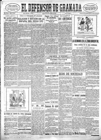 'El Defensor de Granada  : diario político independiente' - Año XLIX Número 25303 Ed. Mañana - 1927 Noviembre 08