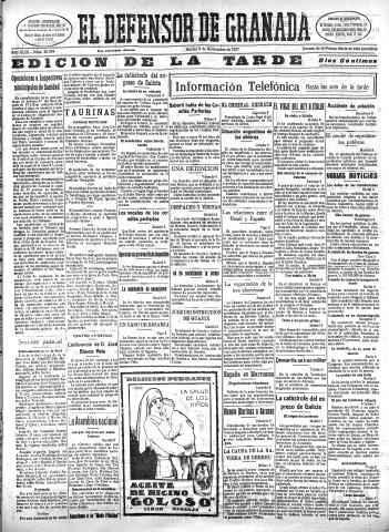 'El Defensor de Granada  : diario político independiente' - Año XLIX Número 25304 Ed. Tarde - 1927 Noviembre 08