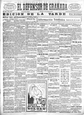'El Defensor de Granada  : diario político independiente' - Año XLIX Número 25306 Ed. Tarde - 1927 Noviembre 09