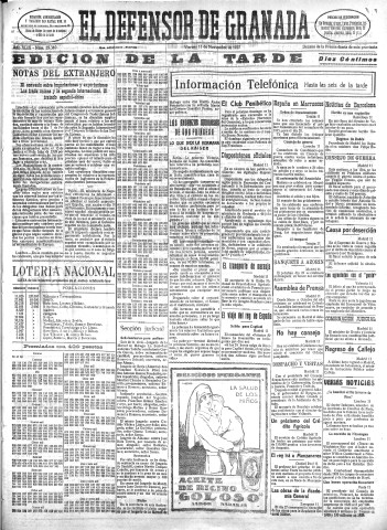 'El Defensor de Granada  : diario político independiente' - Año XLIX Número 25310 Ed. Tarde - 1927 Noviembre 11