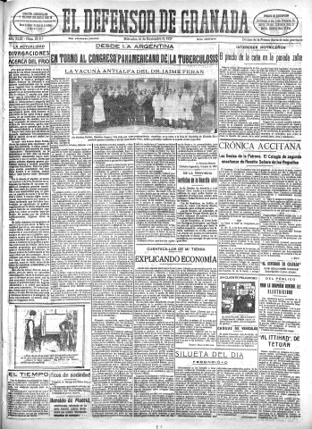 'El Defensor de Granada  : diario político independiente' - Año XLIX Número 25317 Ed. Mañana - 1927 Noviembre 16