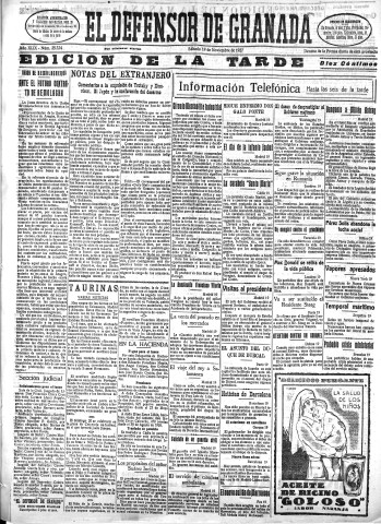 'El Defensor de Granada  : diario político independiente' - Año XLIX Número 25324 Ed. Tarde - 1927 Noviembre 19