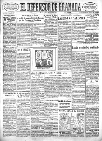 'El Defensor de Granada  : diario político independiente' - Año XLIX Número 25325 Ed. Mañana - 1927 Noviembre 20