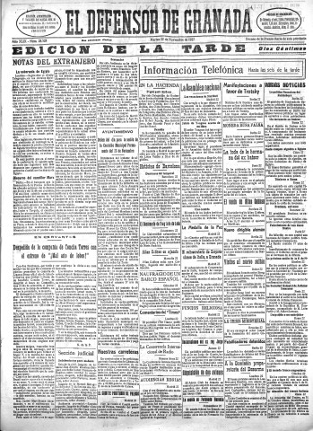 'El Defensor de Granada  : diario político independiente' - Año XLIX Número 25328 Ed. Tarde - 1927 Noviembre 22