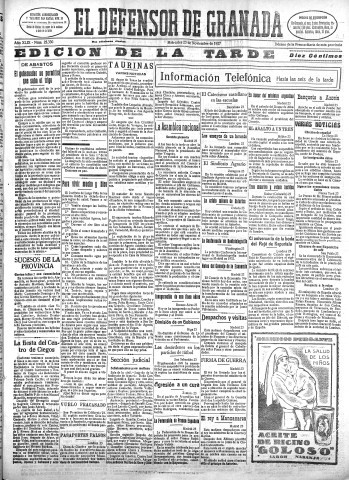 'El Defensor de Granada  : diario político independiente' - Año XLIX Número 25330 Ed. Tarde - 1927 Noviembre 23
