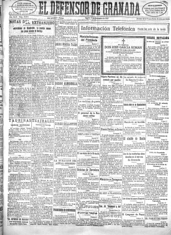 'El Defensor de Granada  : diario político independiente' - Año XLIX Número 25364 Ed. Tarde - 1927 Diciembre 13