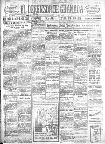'El Defensor de Granada  : diario político independiente' - Año XLIX Número 25368 Ed. Tarde - 1927 Diciembre 15