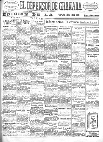 'El Defensor de Granada  : diario político independiente' - Año XLIX Número 25389 Ed. Tarde - 1927 Diciembre 29