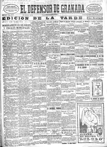 'El Defensor de Granada  : diario político independiente' - Año XLIX Número 25391 Ed. Tarde - 1927 Diciembre 30