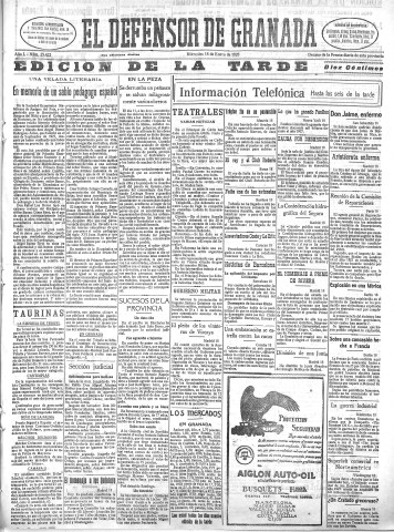 'El Defensor de Granada  : diario político independiente' - Año L Número 25422 Ed. Tarde - 1928 Enero 18