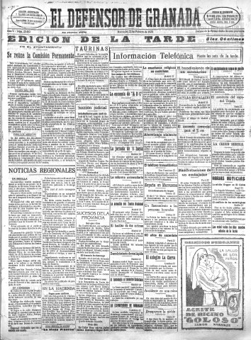 'El Defensor de Granada  : diario político independiente' - Año L Número 25482 Ed. Tarde - 1928 Febrero 22