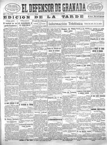 'El Defensor de Granada  : diario político independiente' - Año L Número 25486 Ed. Tarde - 1928 Febrero 24