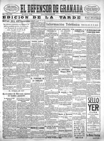 'El Defensor de Granada  : diario político independiente' - Año L Número 25488 Ed. Tarde - 1928 Febrero 25