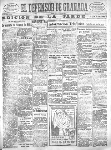 'El Defensor de Granada  : diario político independiente' - Año L Número 25492 Ed. Tarde - 1928 Febrero 28