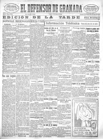 'El Defensor de Granada  : diario político independiente' - Año L Número 25582 Ed. Tarde - 1928 Marzo 16