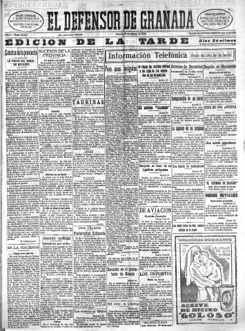 'El Defensor de Granada  : diario político independiente' - Año L Número 25588 Ed. Tarde - 1928 Marzo 20