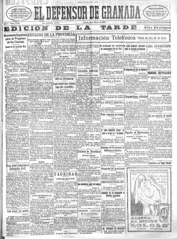 'El Defensor de Granada  : diario político independiente' - Año L Número 25596 Ed. Tarde - 1928 Marzo 24