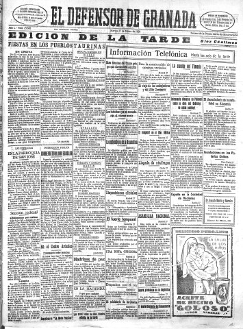 'El Defensor de Granada  : diario político independiente' - Año L Número 25600 Ed. Tarde - 1928 Marzo 27