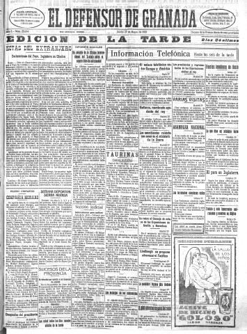 'El Defensor de Granada  : diario político independiente' - Año L Número 25604 Ed. Tarde - 1928 Marzo 29