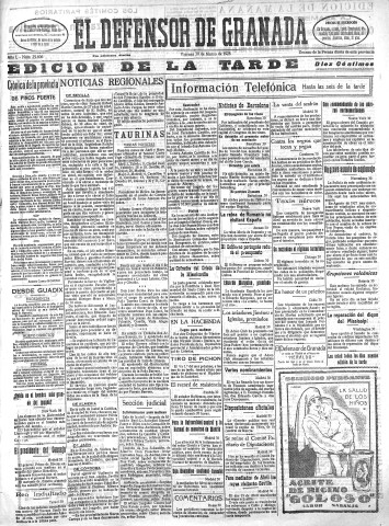 'El Defensor de Granada  : diario político independiente' - Año L Número 25606 Ed. Tarde - 1928 Marzo 30