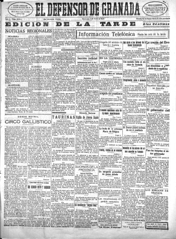 'El Defensor de Granada  : diario político independiente' - Año L Número 25614 Ed. Tarde - 1928 Abril 04