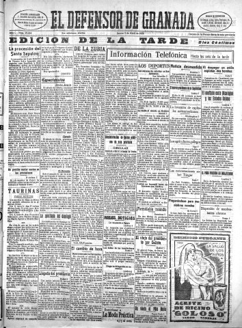 'El Defensor de Granada  : diario político independiente' - Año L Número 25616 Ed. Tarde - 1928 Abril 05