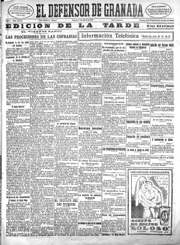 'El Defensor de Granada  : diario político independiente' - Año L Número 25618 Ed. Tarde - 1928 Abril 07