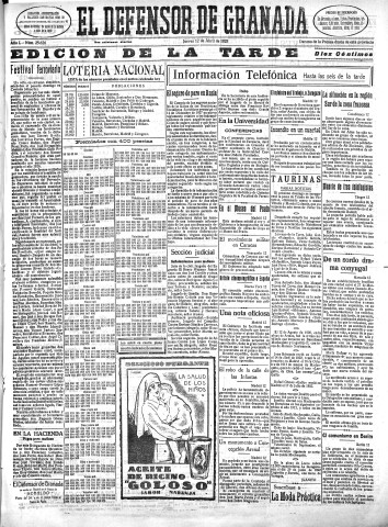 'El Defensor de Granada  : diario político independiente' - Año L Número 25626 Ed. Tarde - 1928 Abril 12