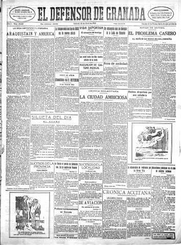 'El Defensor de Granada  : diario político independiente' - Año L Número 25629 Ed. Mañana - 1928 Abril 14