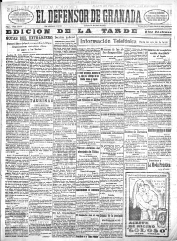 'El Defensor de Granada  : diario político independiente' - Año L Número 25630 Ed. Tarde - 1928 Abril 14