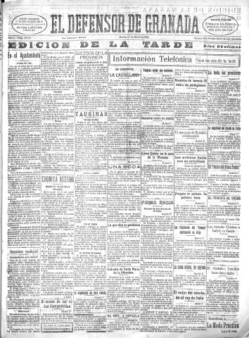 'El Defensor de Granada  : diario político independiente' - Año L Número 25634 Ed. Tarde - 1928 Abril 17