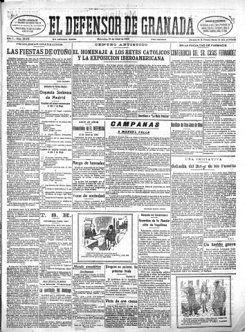 'El Defensor de Granada  : diario político independiente' - Año L Número 25635 Ed. Mañana - 1928 Abril 18