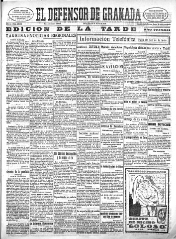 'El Defensor de Granada  : diario político independiente' - Año L Número 25636 Ed. Tarde - 1928 Abril 18