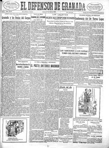 'El Defensor de Granada  : diario político independiente' - Año L Número 25639 Ed. Mañana - 1928 Abril 20