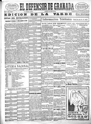 'El Defensor de Granada  : diario político independiente' - Año L Número 25642 Ed. Tarde - 1928 Abril 21