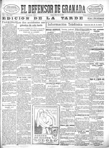 'El Defensor de Granada  : diario político independiente' - Año L Número 25654 Ed. Tarde - 1928 Abril 28