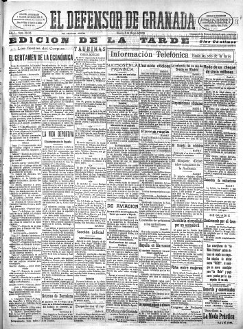 'El Defensor de Granada  : diario político independiente' - Año L Número 25668 Ed. Tarde - 1928 Mayo 08