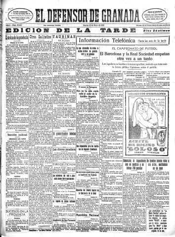 'El Defensor de Granada  : diario político independiente' - Año L Número 25692 Ed. Tarde - 1928 Mayo 22